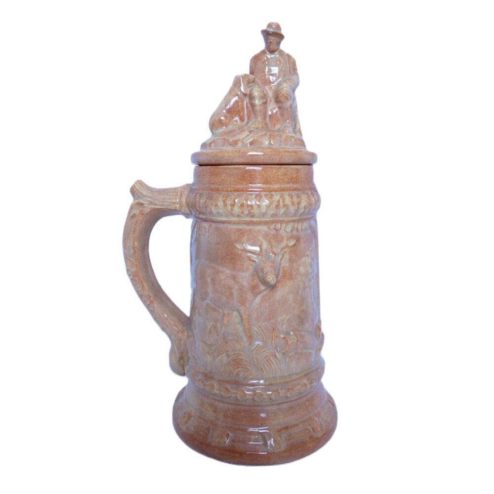 Collectible Vintage Beer Stein White Ceramic Deer Hunting Scene Rustic Decor